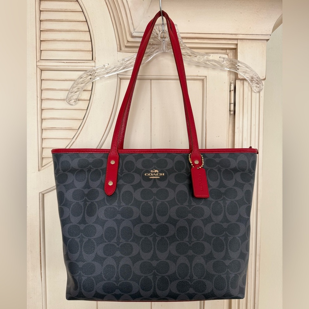 Coach Red and Navy Blue Signature Tote